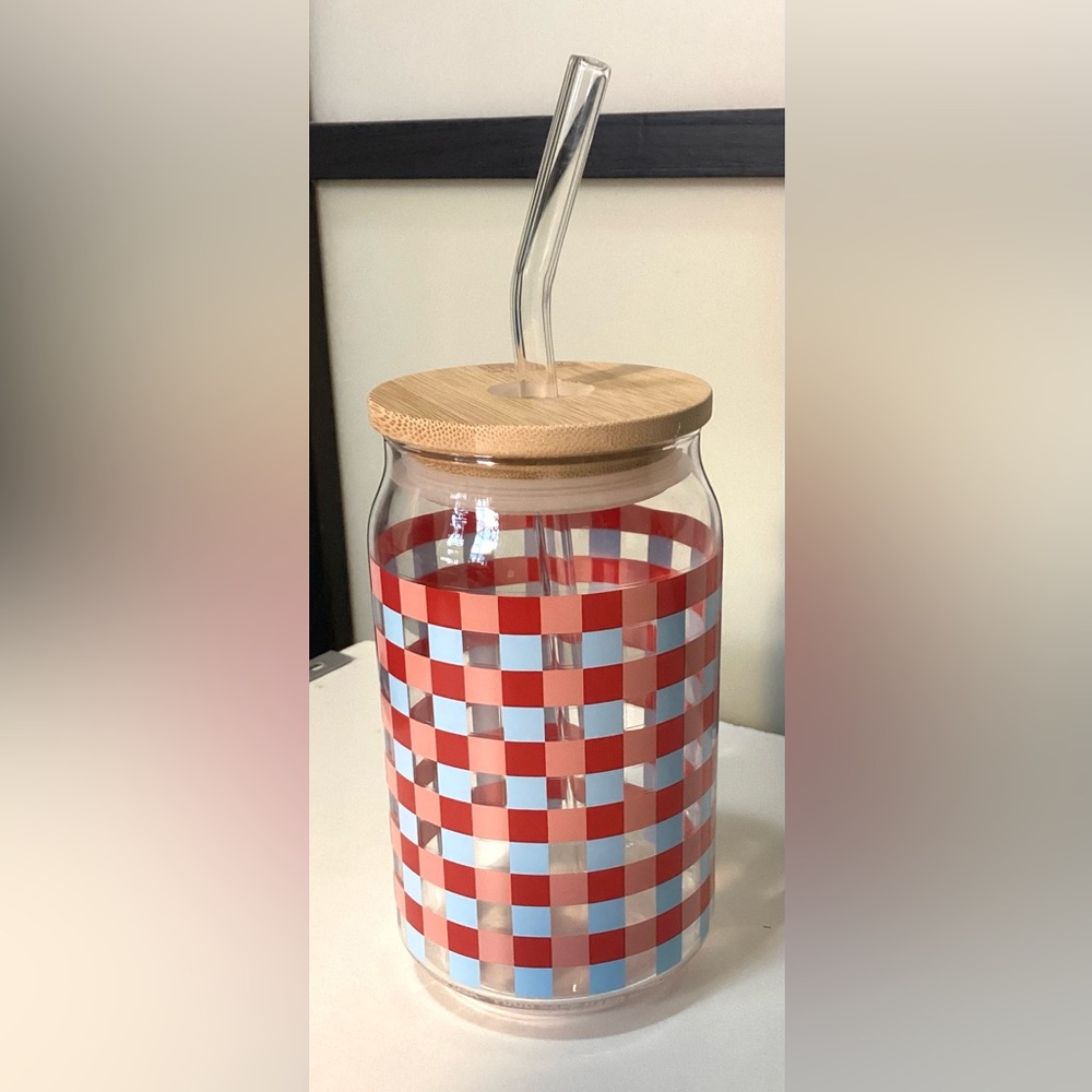 Horizon Group drinking glass can & straw, bamboo lid. 16oz